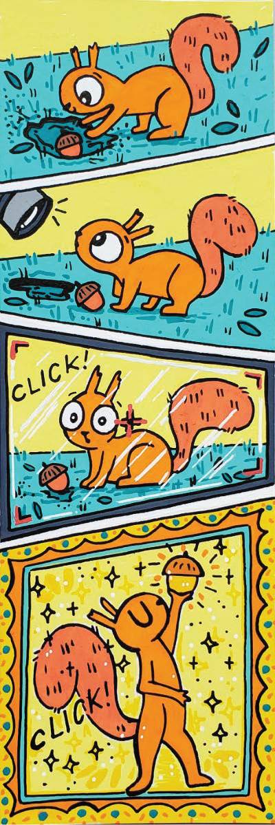 Comic style format with a squirrel digging for an acorn, finding one, getting a photo taken and triumphantly displaying the acorn